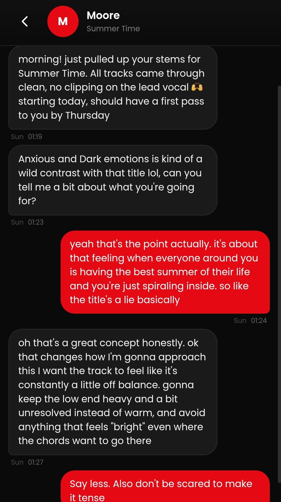 Chat conversation with a mixing engineer